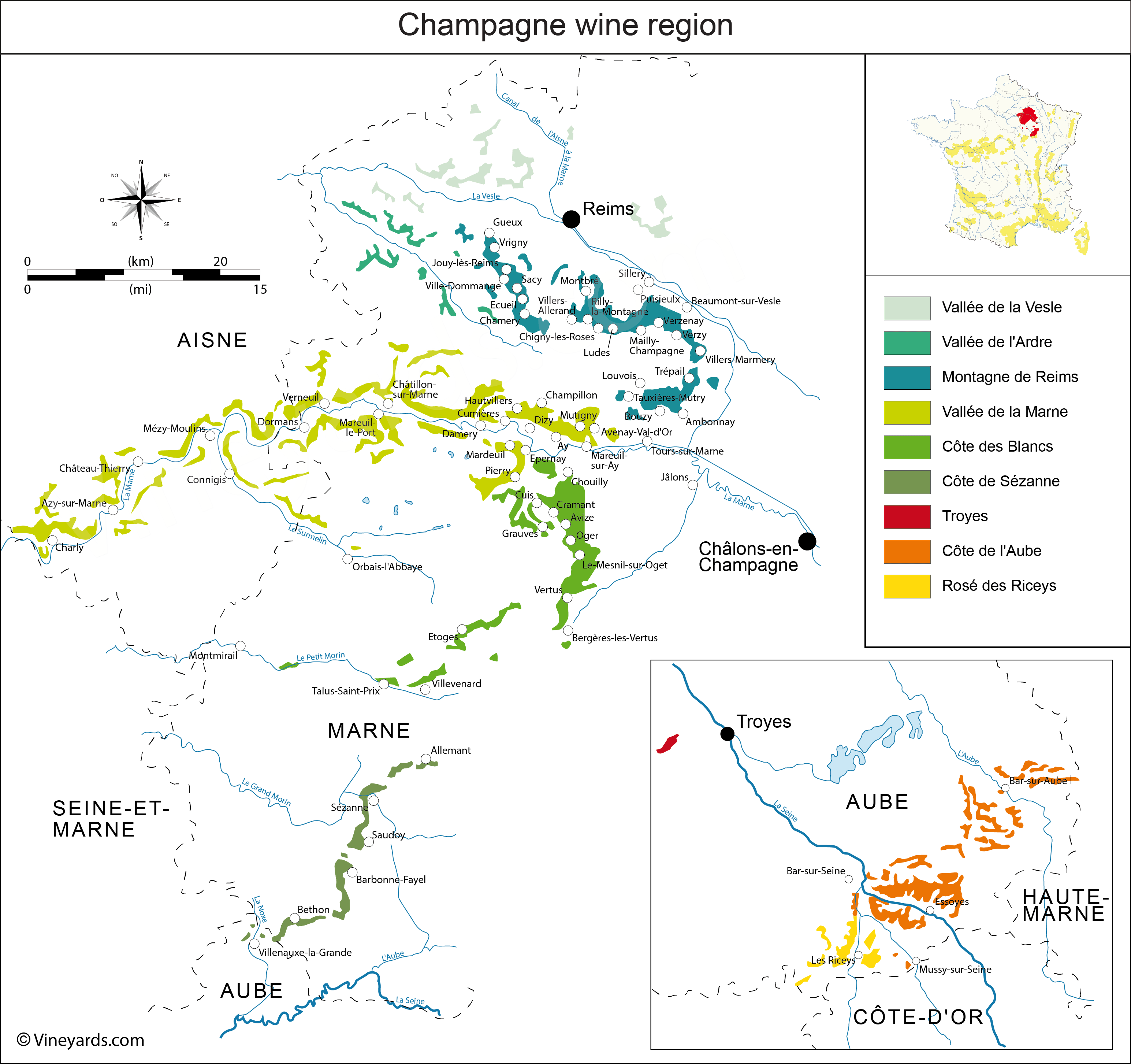 Carte géographique du vignoble de Champagne